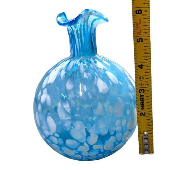 Handblown Art Glass Vase Bulbous Ruffled Edge Blue & White Polka Dot Accent MCM - Picture 5 of 5